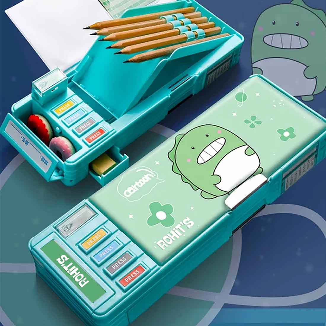 Nutcase Pencil Box with Name Switch Operated Multi-functional Compass Box for Kids with Press buttons - Image 8