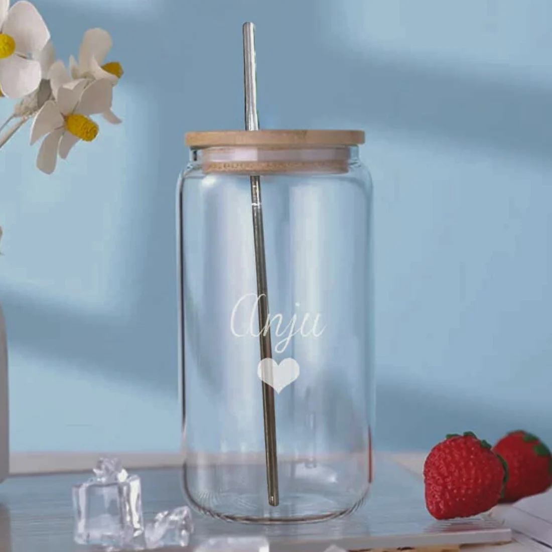 Nutcase Personalized Glass Bottle with Straw and Wooden Lid - Image 5