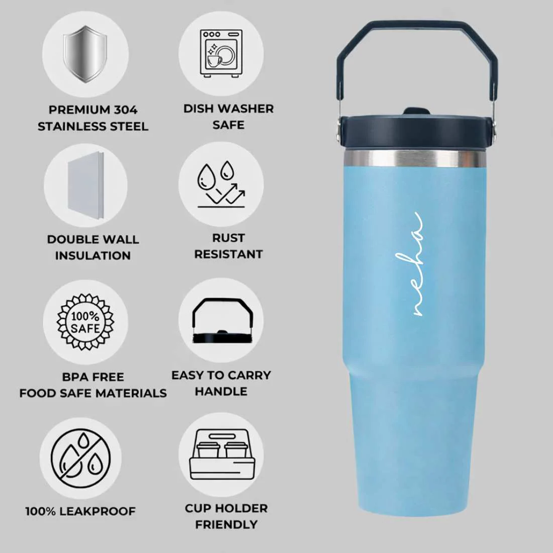 Nutcase Personalized Tumbler with Straw and Handle 900ml - Double Wall Vacuum Sipper Bottle - Image 10