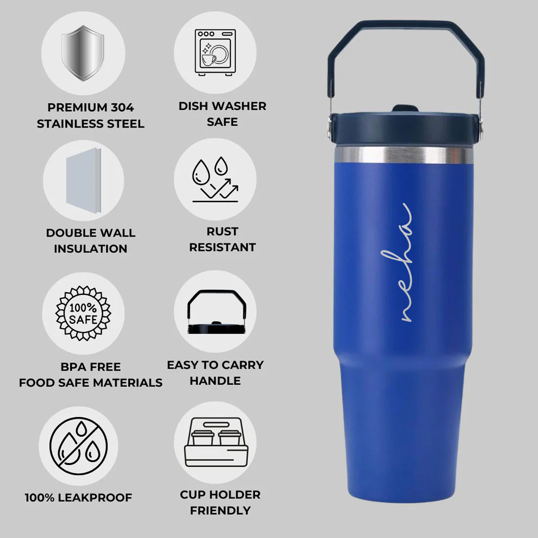 Nutcase Personalized Tumbler with Straw and Handle 900ml - Double Wall Vacuum Sipper Bottle - Image 9