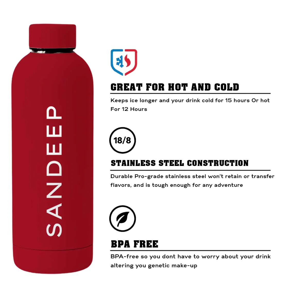 Nutcase Personalized Water Bottle Stainless Steel Double Insulated 500ml Bottles for Office Home Travel- BPA Free, Leakproof - Image 55