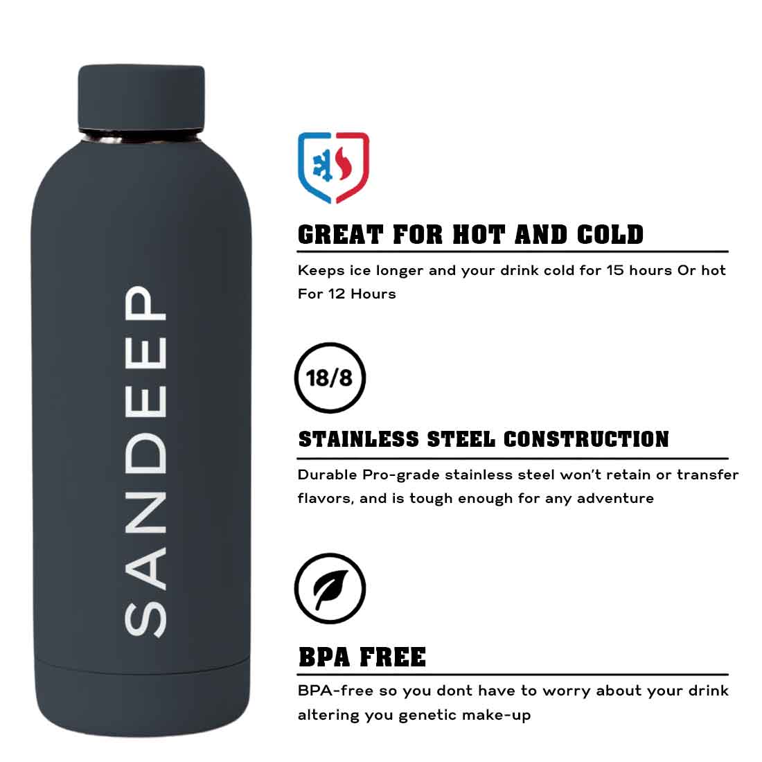 Nutcase Personalized Water Bottle Stainless Steel Double Insulated 500ml Bottles for Office Home Travel- BPA Free, Leakproof - Image 63