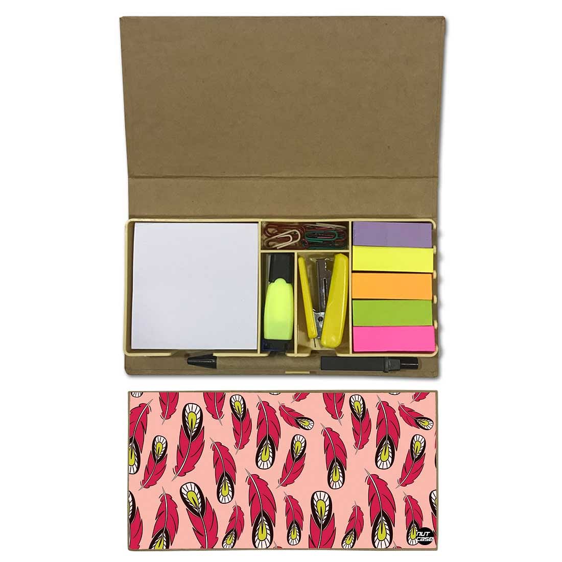 Stationery Kit Desk Organizer Memo Notepad - Pink Feathers