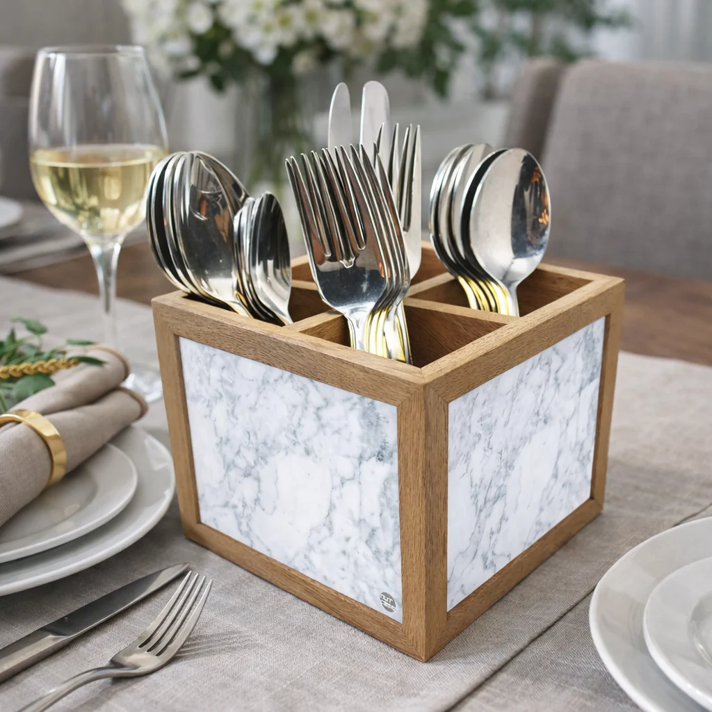 Cutlery Stand Holder for Dining Table Organizer - White Marble - Image 4