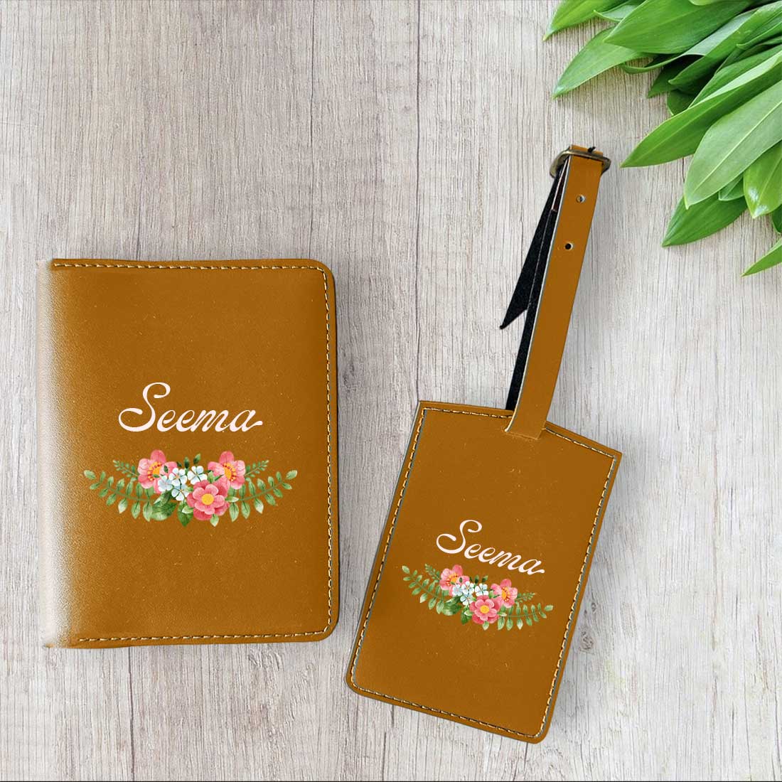 Pu Leather Customized Passport Cover and Luggage Tag Set - Floral - Image 2