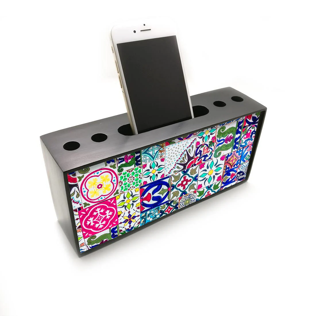 Wooden Table Organizer Pen Stand with Phone Stand for Office - Aztec Pattern - Image 2