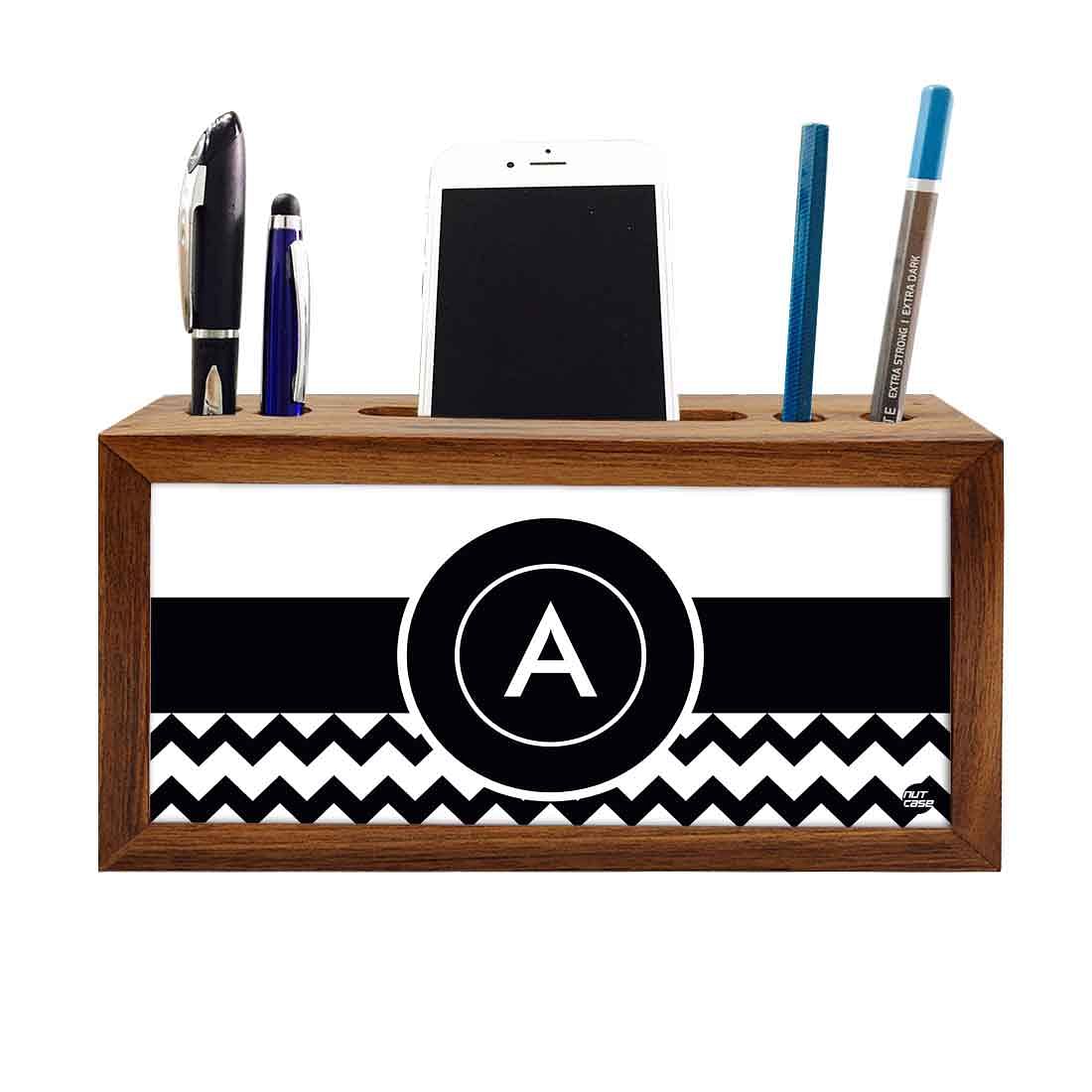 Custom-Made Wooden Pen Stand for Office - Black and White Pattern