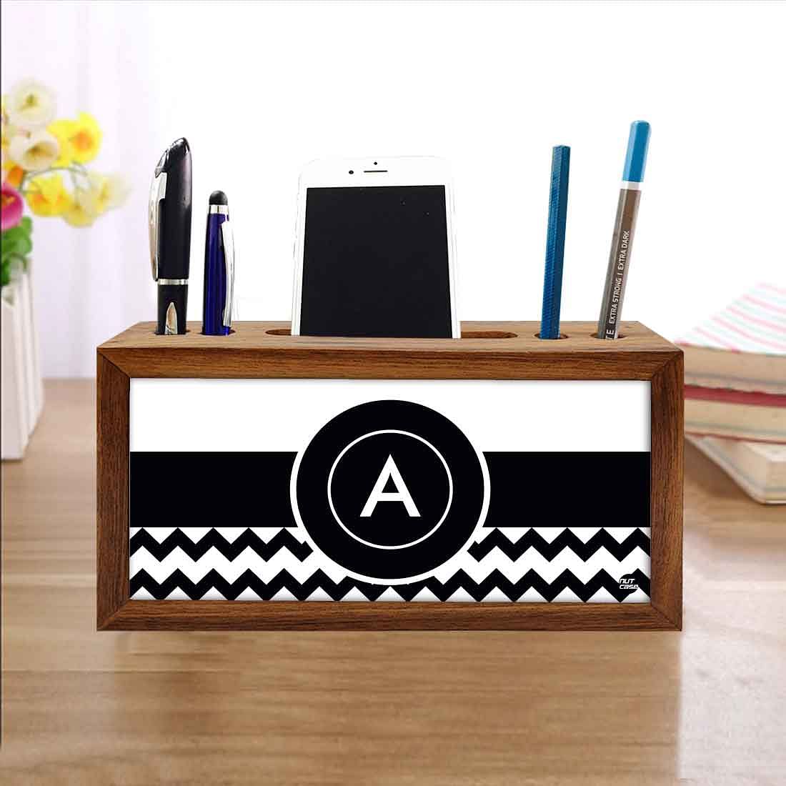 Custom-Made Wooden Pen Stand for Office - Black and White Pattern - Image 4