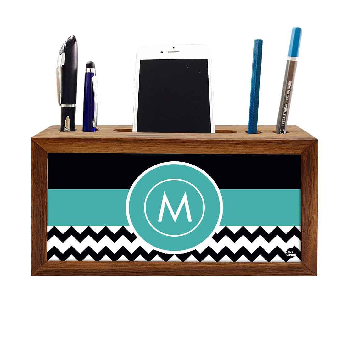 Custom Wooden Pen Holder for Desk - Blue Colored with Initial