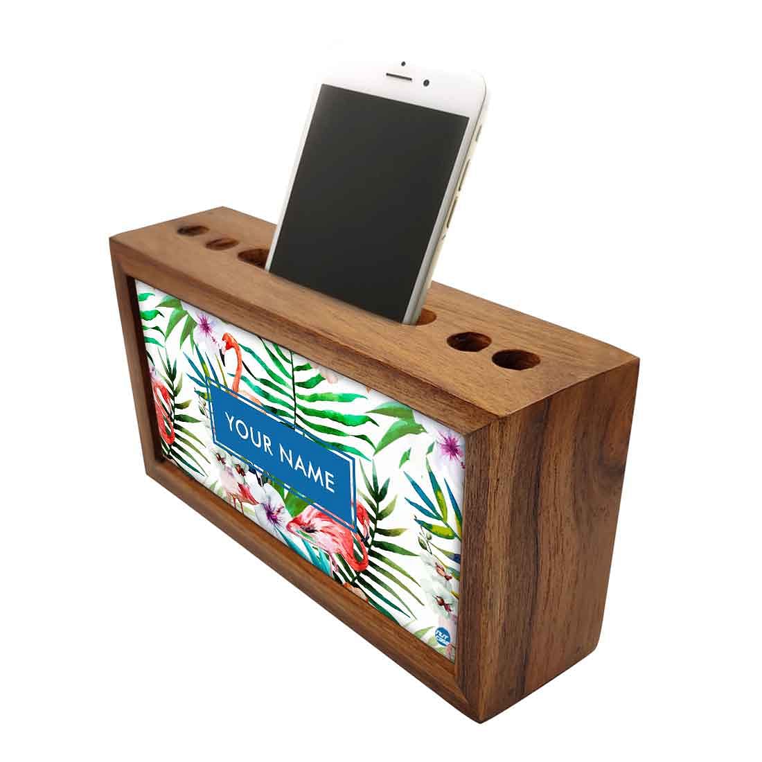 Personalized Wood desktop organizer - White Hibiscus with Flamingo - Image 3