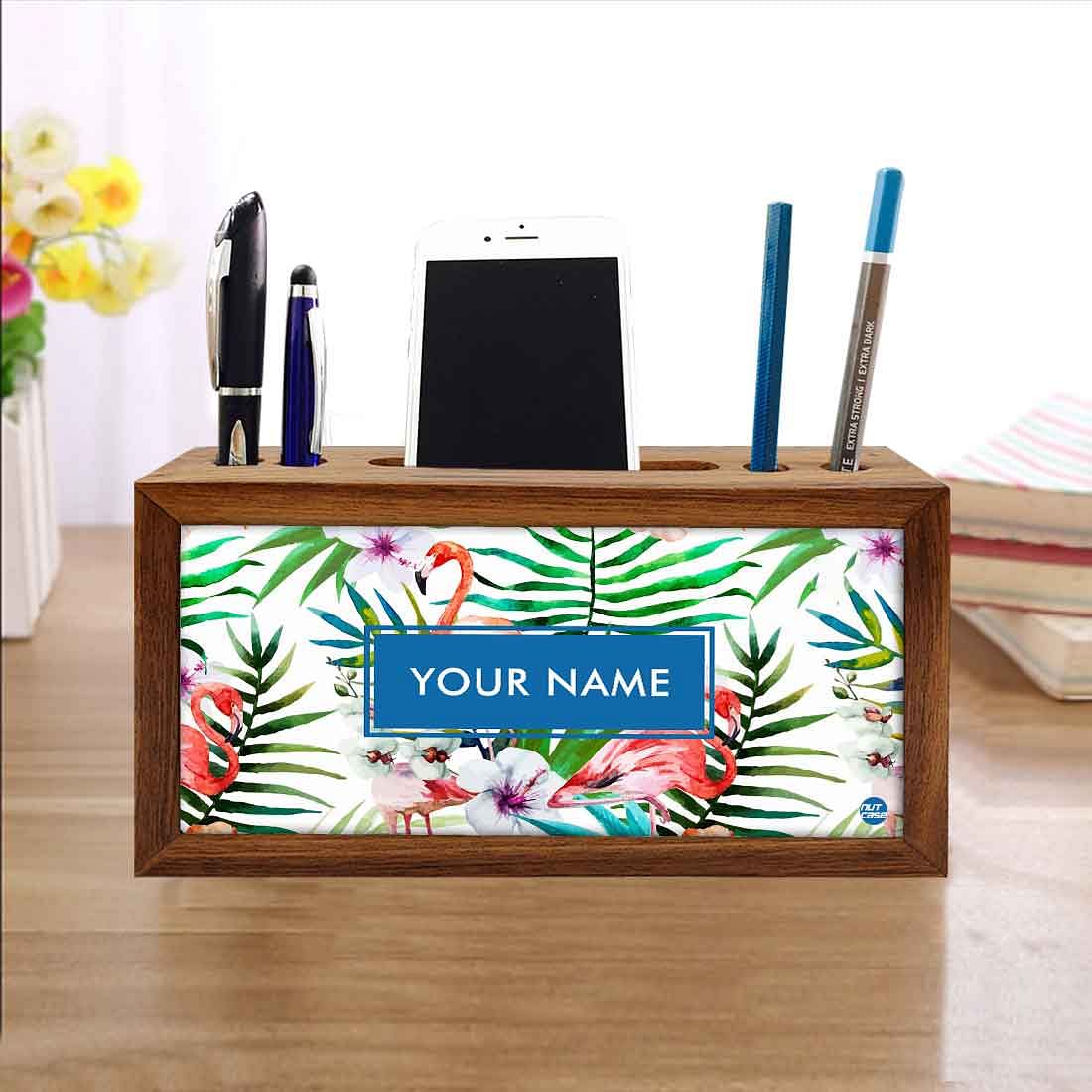Personalized Wood desktop organizer - White Hibiscus with Flamingo - Image 4