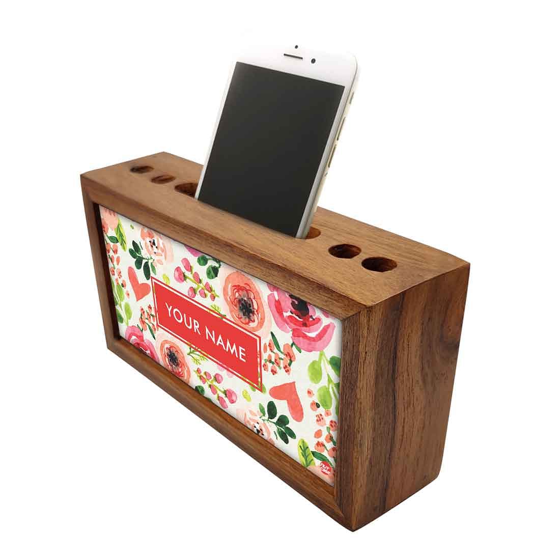 Custom-Made Wooden pen organizer Mobile Stand - Watercolor Flowers - Image 3