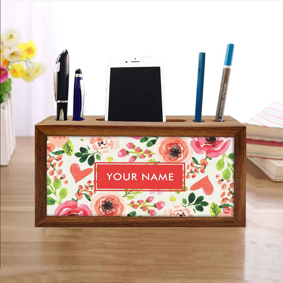 Custom-Made Wooden pen organizer Mobile Stand - Watercolor Flowers - Image 4