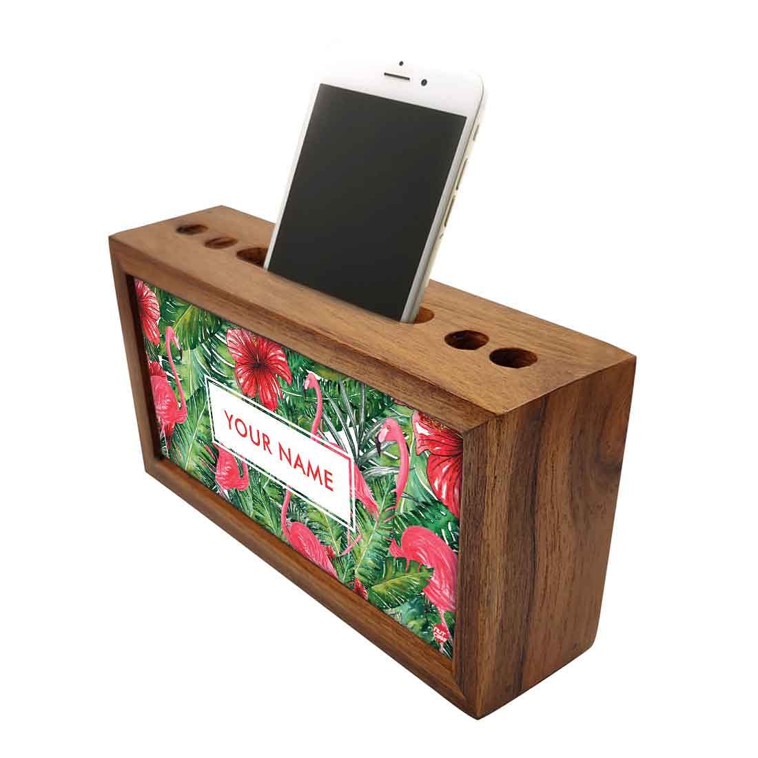 Personalized Wooden Table Organizer - Hibiscus and Flamingo - Image 3