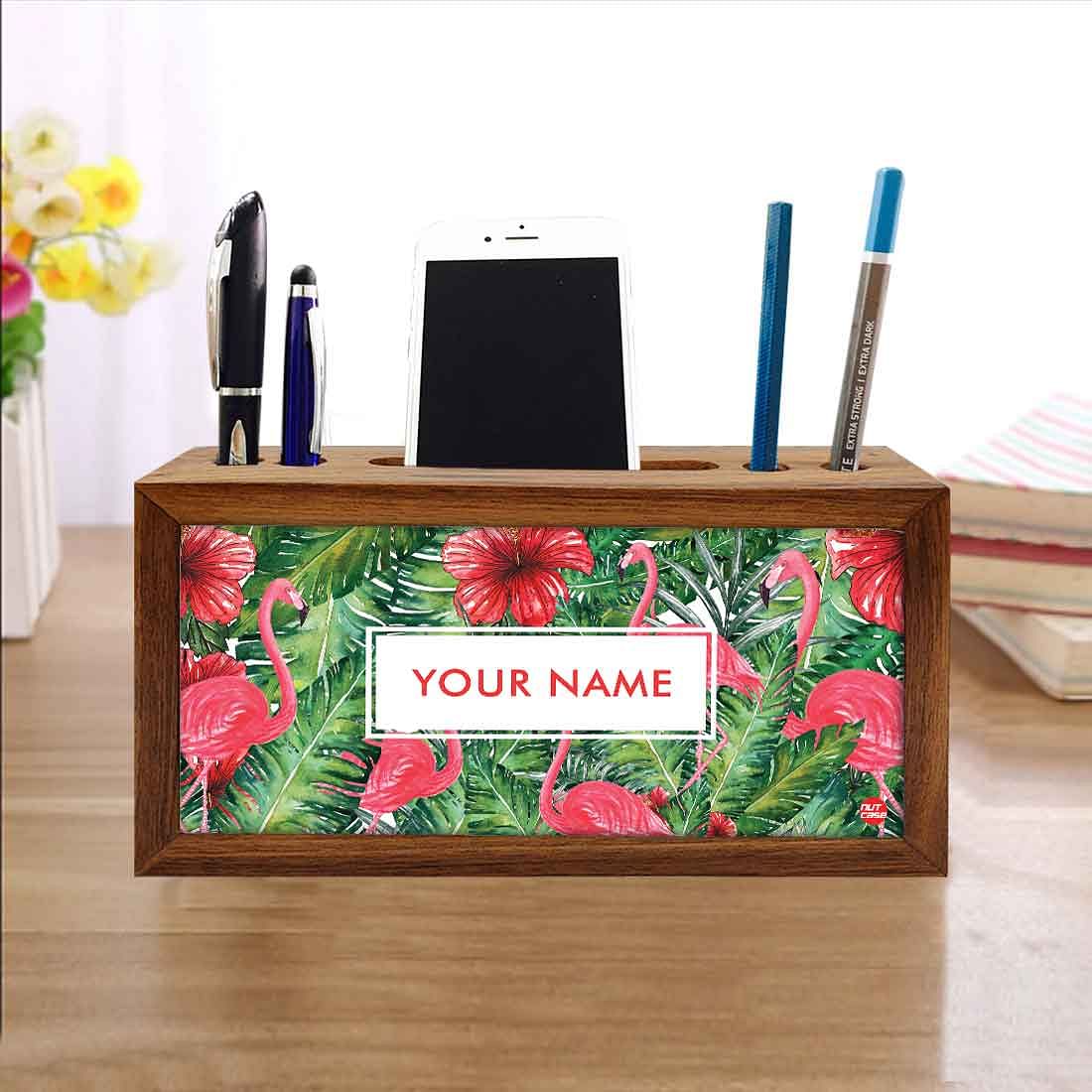 Personalized Wooden Table Organizer - Hibiscus and Flamingo - Image 4