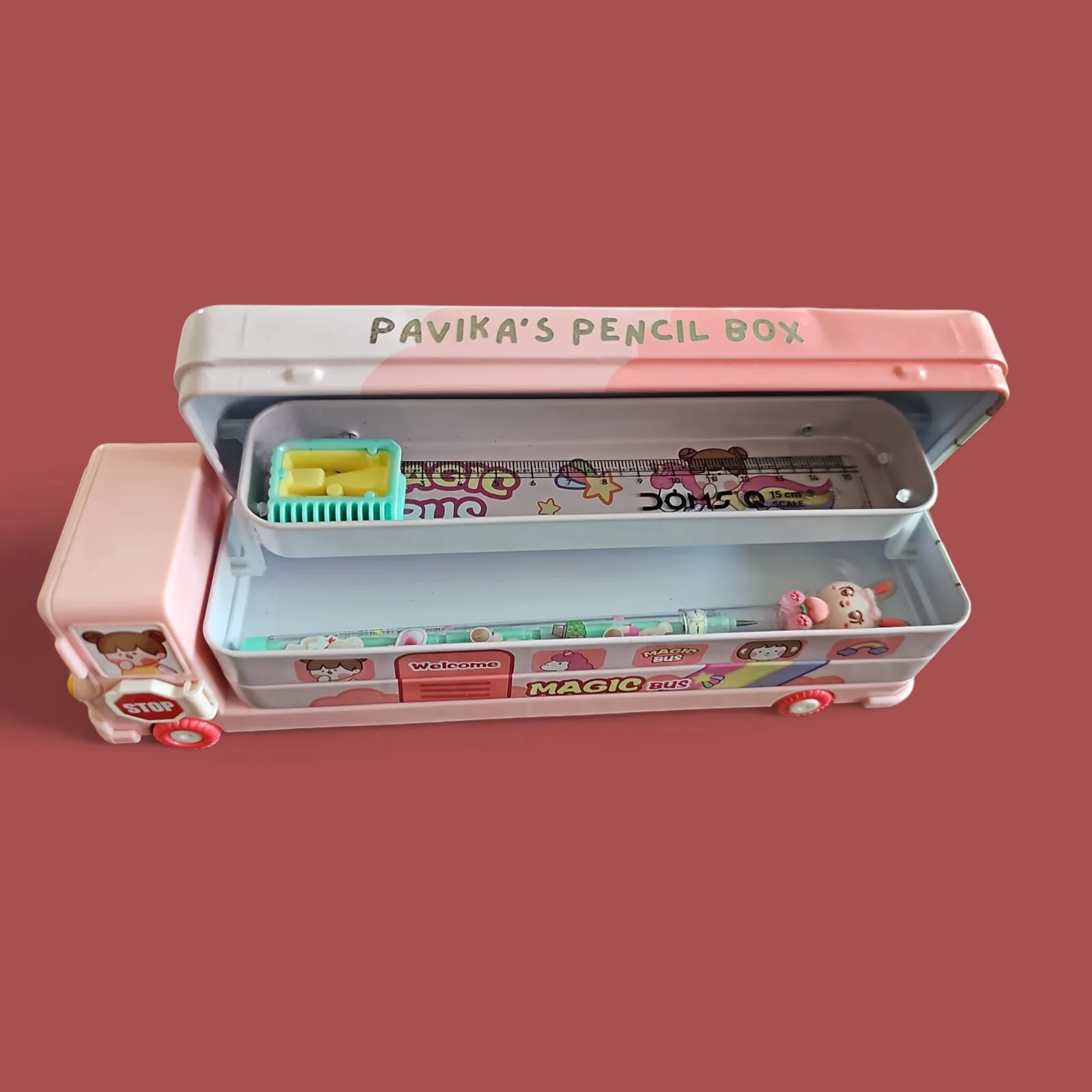 Personalised Pencil Box for Kids Magic Bus with Built-in Sharpener - Image 2