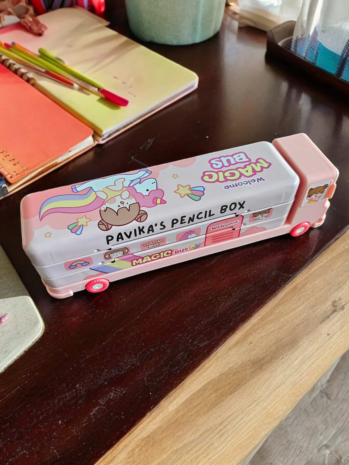 Personalised Pencil Box for Kids Magic Bus with Built-in Sharpener - Image 3