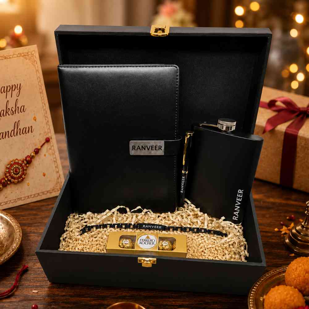 Personalised Rakhi Gifts for Brother Raksha Bandhan Premium Gift Box with Metal Rakhi Hip Flask & Diary Pen