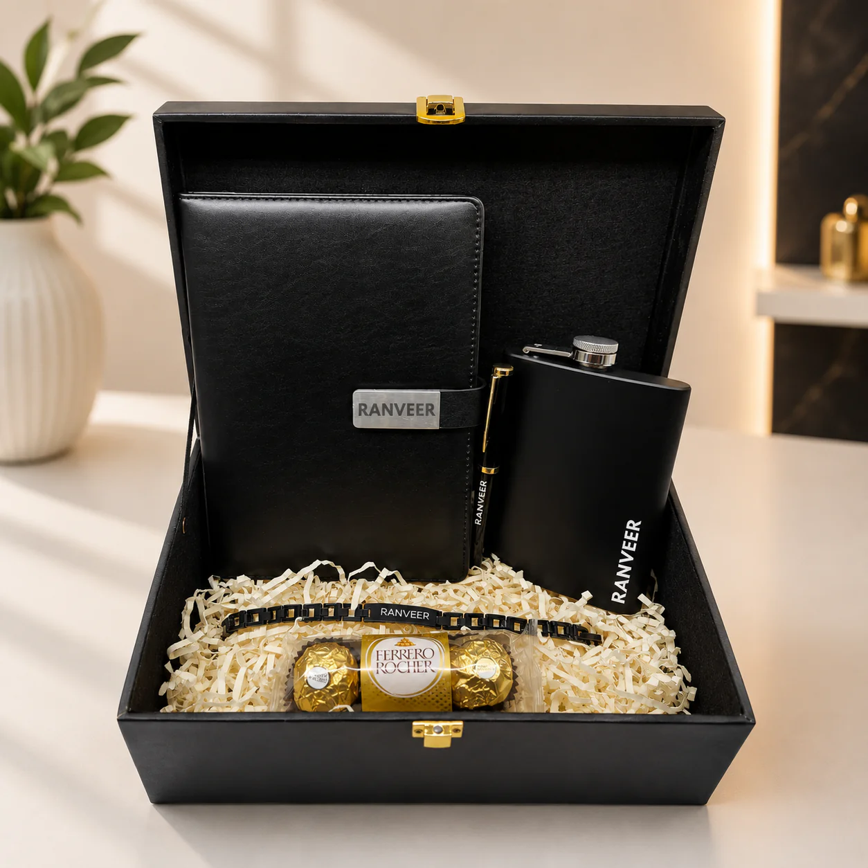 Personalised Rakhi Gifts for Brother Raksha Bandhan Premium Gift Box with Metal Rakhi Hip Flask & Diary Pen - Image 3