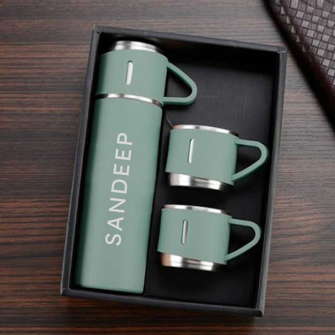 Personalised Travel Mug Thermos With 2 Cups Gift Box Set - Add Name - Image 3