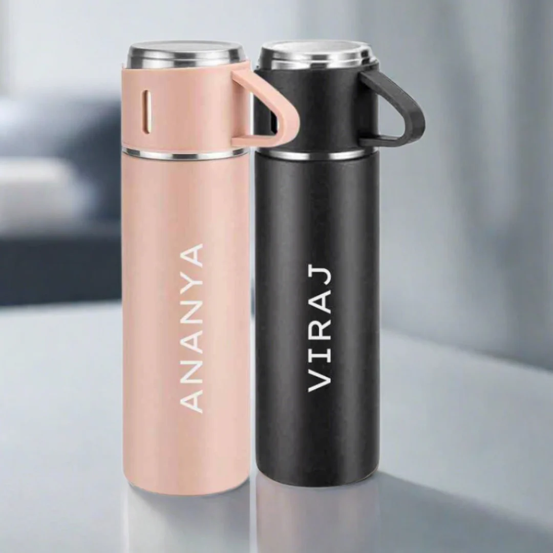 Personalised Travel Mug Thermos With 2 Cups Gift Box Set - Add Name - SET OF 2 - Image 2