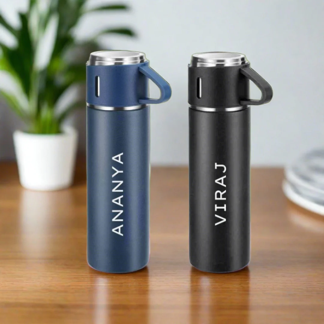 Personalised Travel Mug Thermos With 2 Cups Gift Box Set - Add Name - SET OF 2 - Image 3