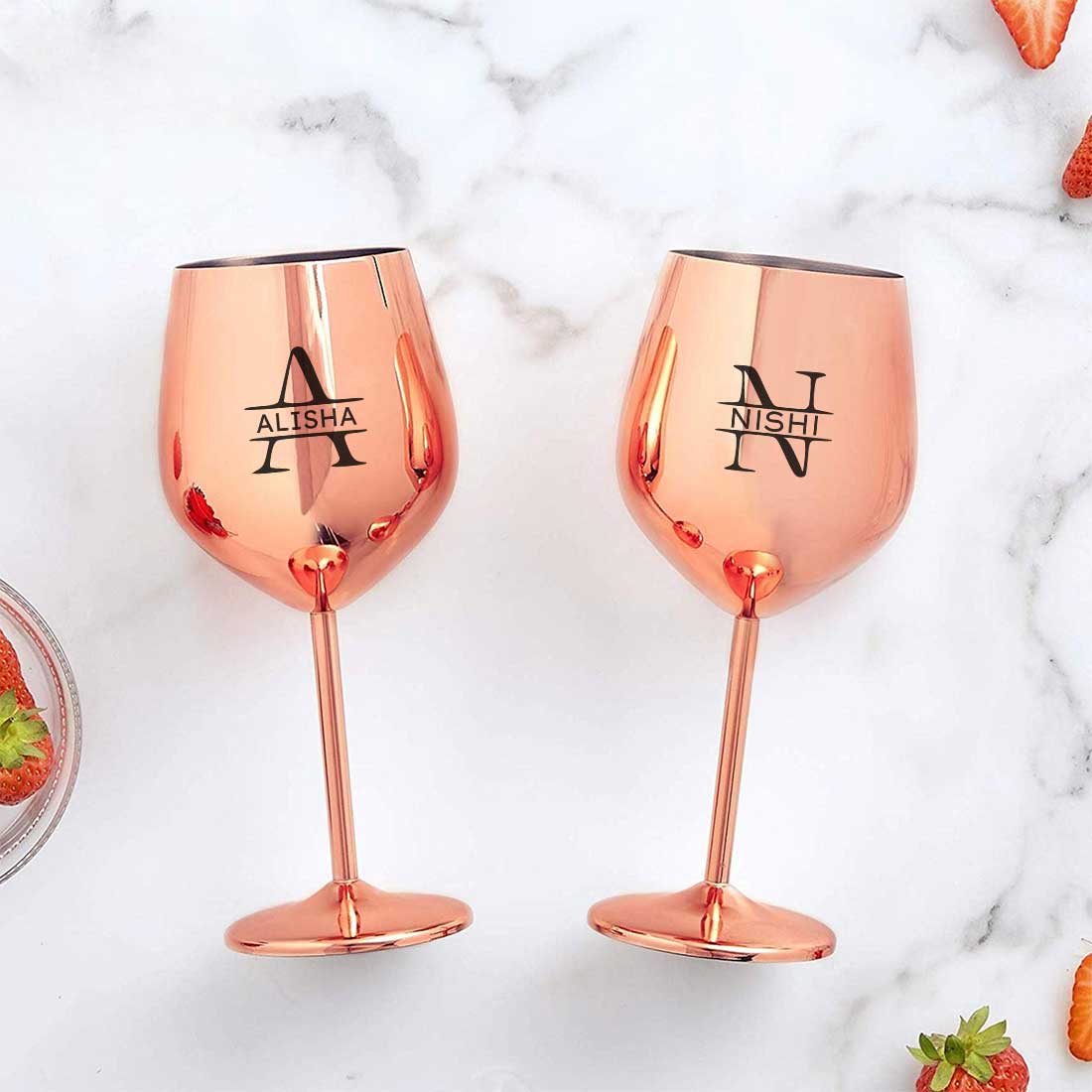 Personalised Wine Glasses Non Breakable Steel Wine Glasses Copper Finish Goblets - Name Monogram - Image 2