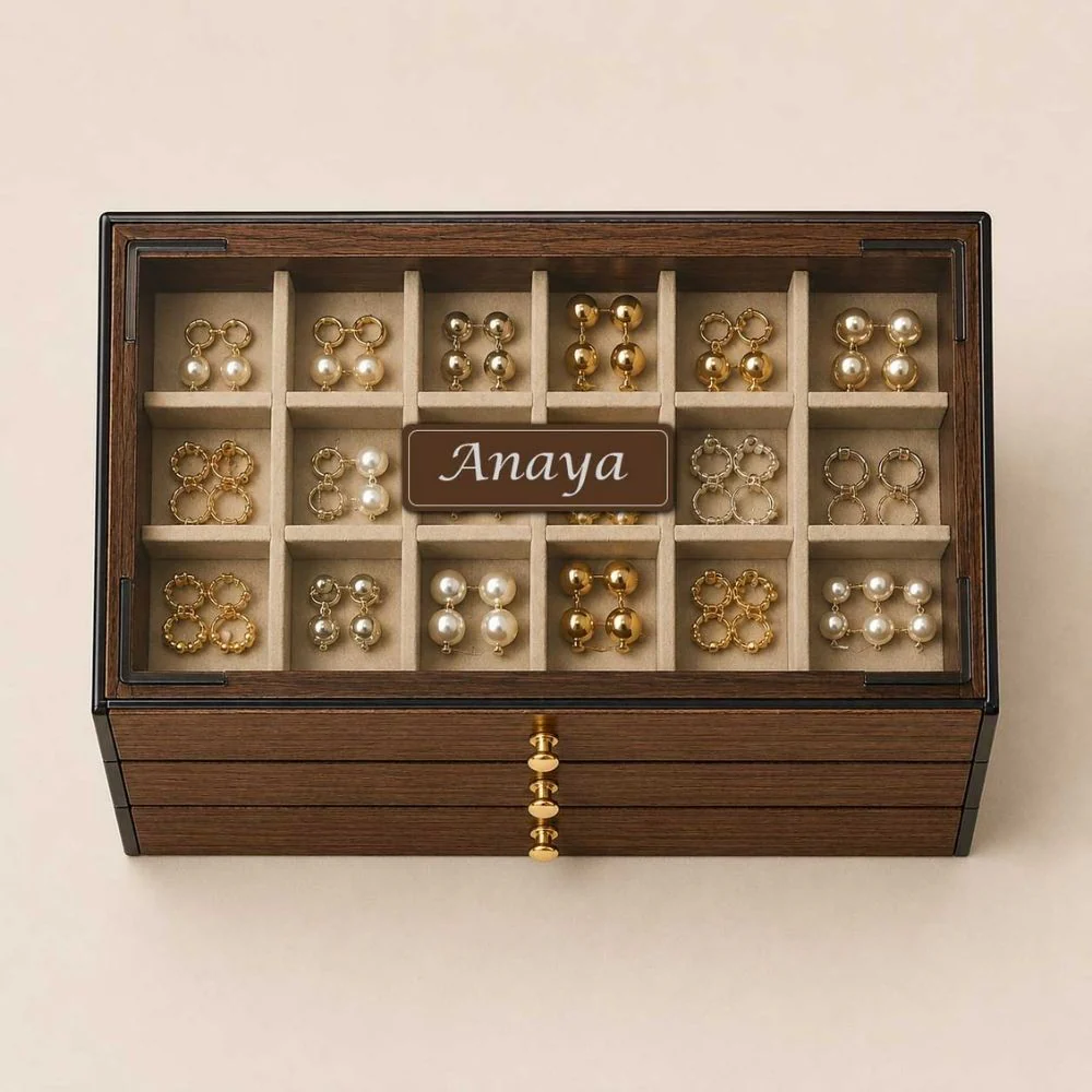 Personalised Wooden Jewellery Box with 3-Tier Storage & Name | Birthday Gift for Women