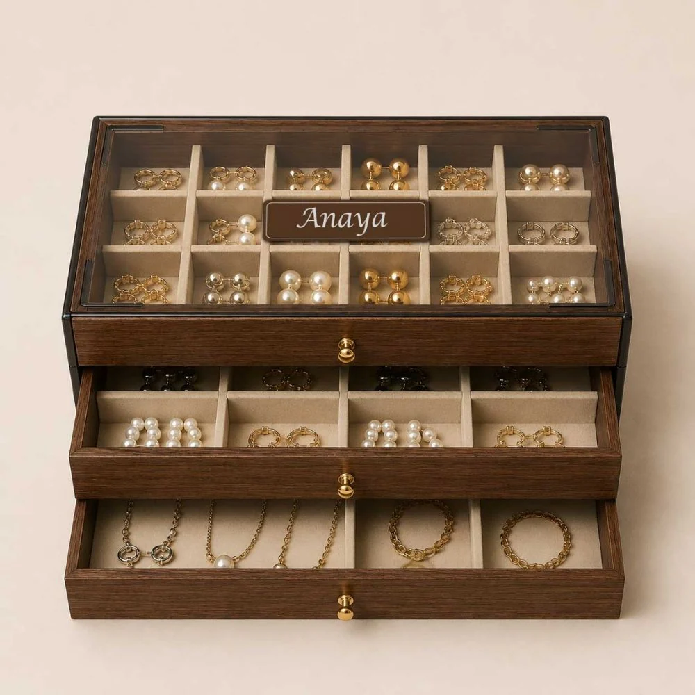 Personalised Wooden Jewellery Box with 3-Tier Storage & Name | Birthday Gift for Women - Image 2