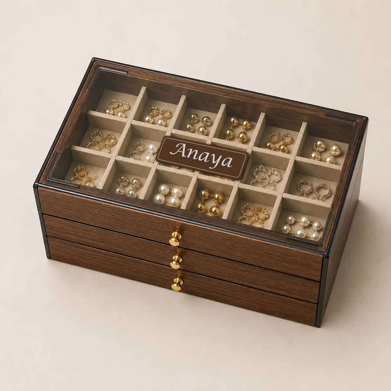 Personalised Wooden Jewellery Box with 3-Tier Storage & Name | Birthday Gift for Women - Image 6