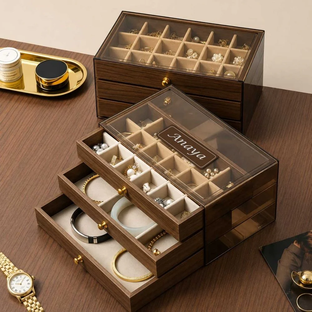 Personalised Wooden Jewellery Box with 3-Tier Storage & Name | Birthday Gift for Women - Image 7