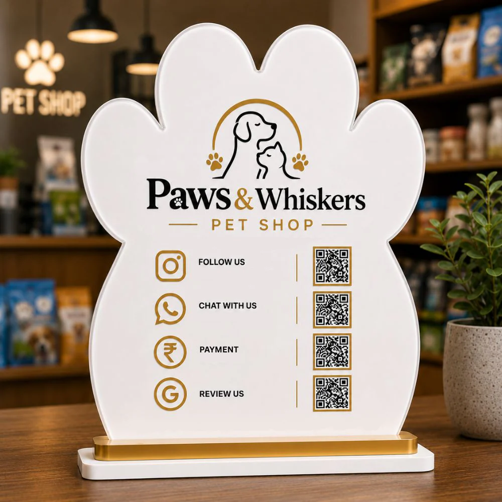 Custom Acrylic Google Pay QR Code Stand for Pet Shops | UPI Payment & Social Media Scanner Stand for Desk