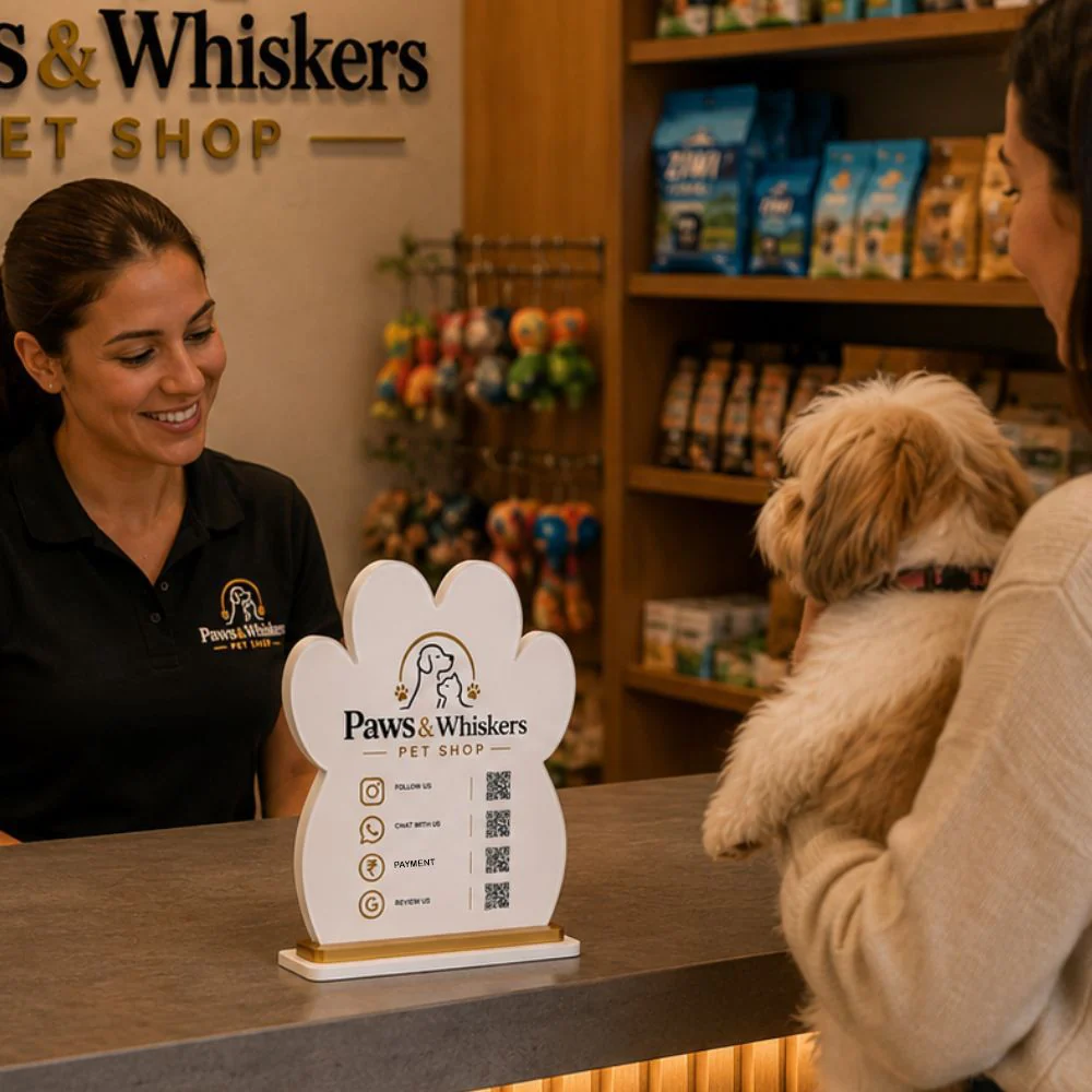 Custom Acrylic Google Pay QR Code Stand for Pet Shops | UPI Payment & Social Media Scanner Stand for Desk - Image 3