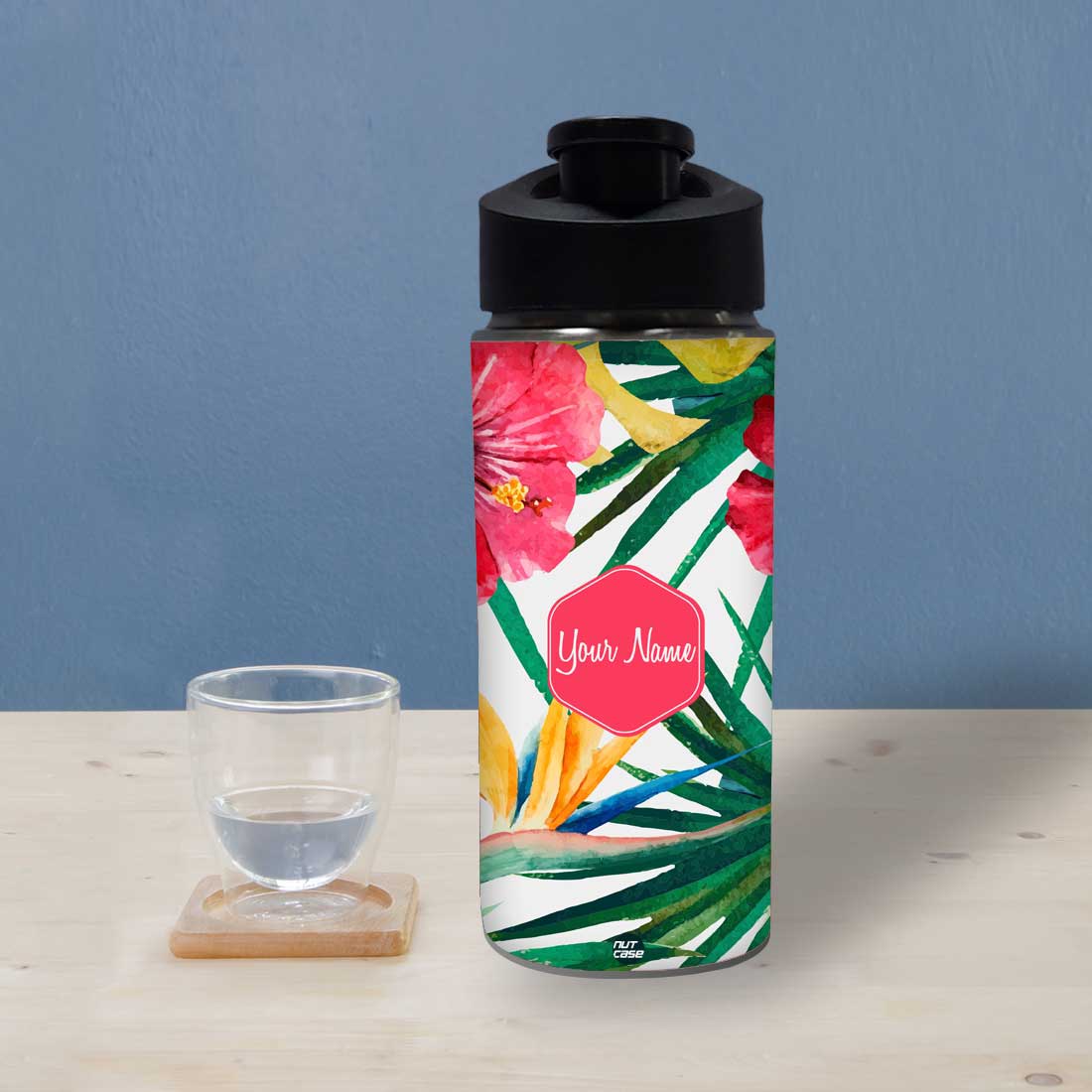 Customised Bottle With Name  - Hibiscus and Leaf