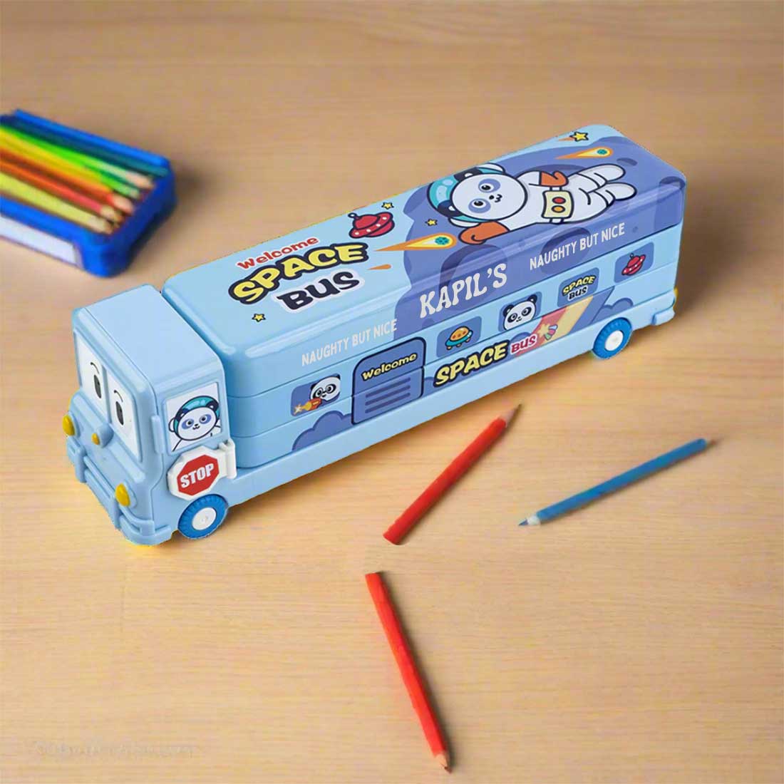 Personalized Bus Pencil Box for Kids - Space Bus with Built-in Sharpener - Image 13