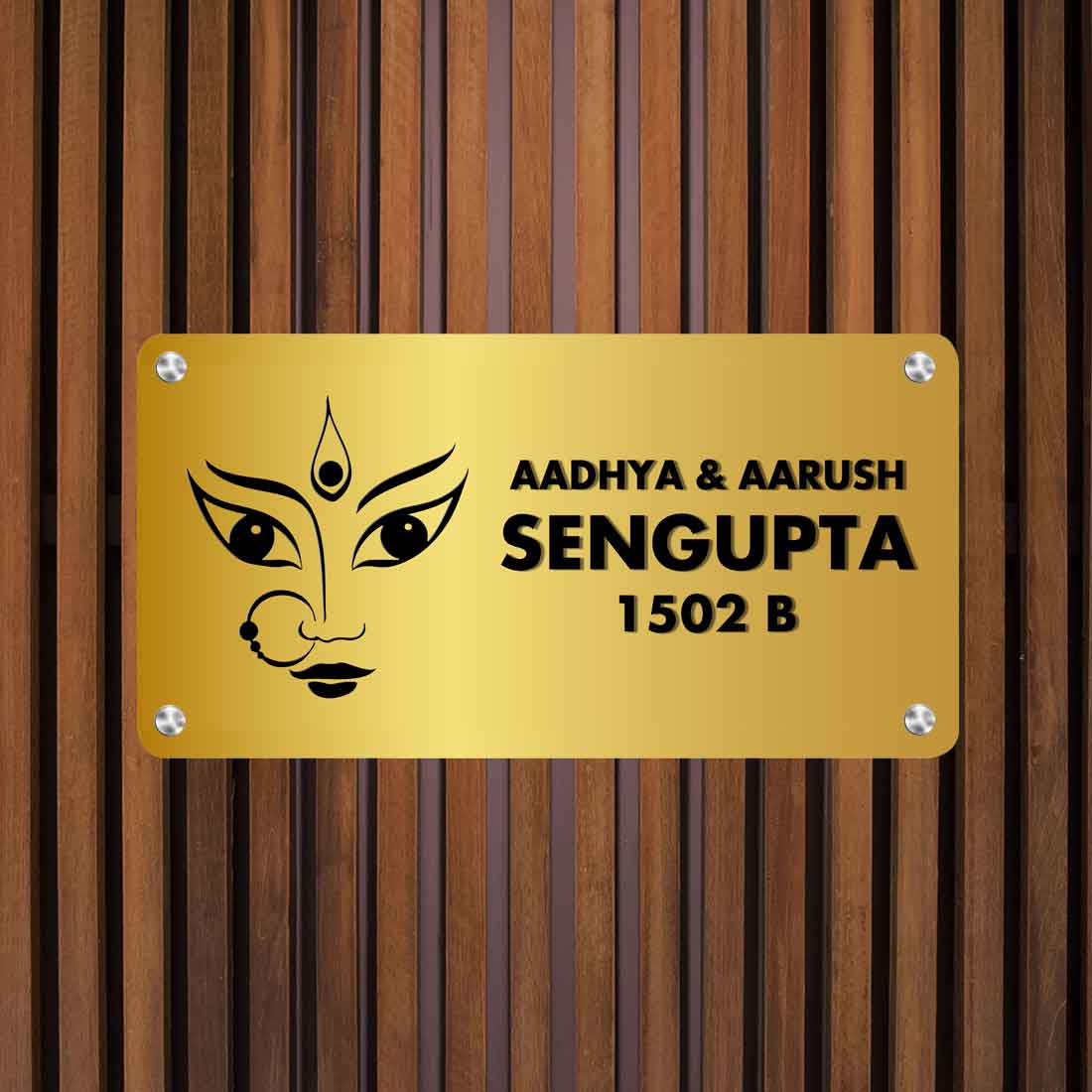 Personalized Durga Maa Name Plate for Home Entrance - Golden & Silver Acrylic Nameplates -16x7”