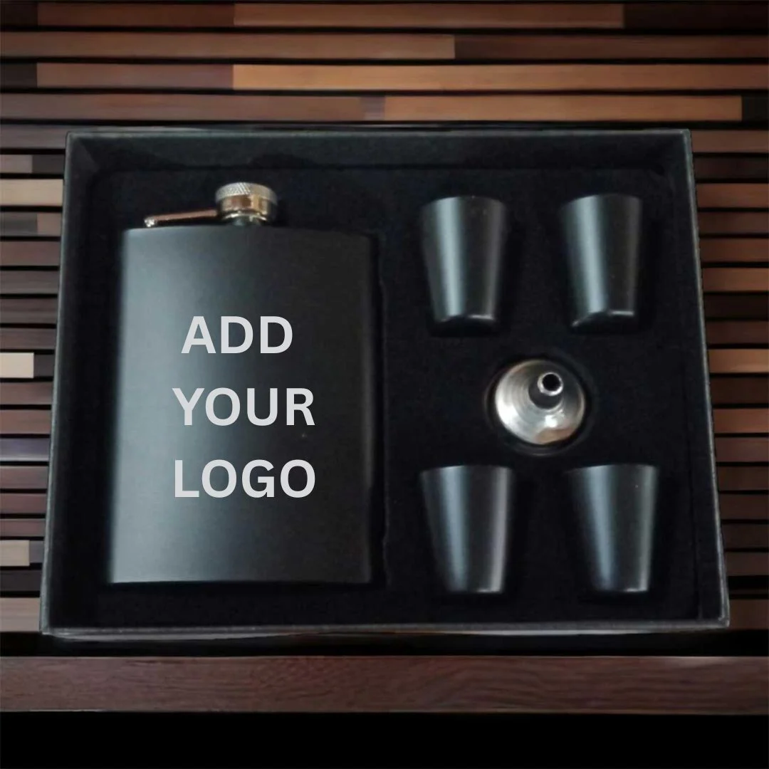 Personalized Engraved Hip Flask With Funnel And 4 Shot Glasses In Gift Box - Add Logo