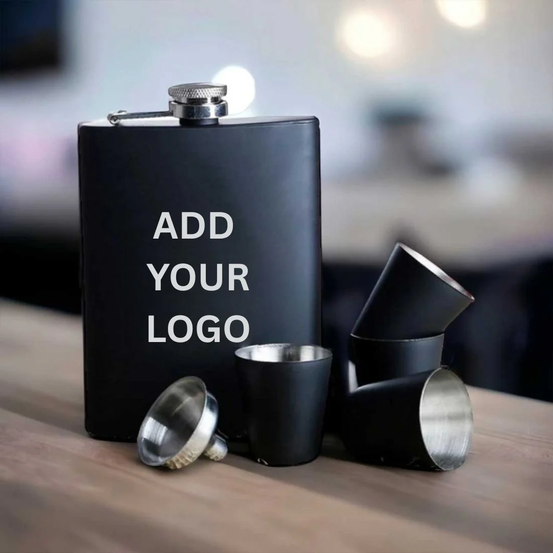 Personalized Engraved Hip Flask With Funnel And 4 Shot Glasses In Gift Box - Add Logo - Image 3