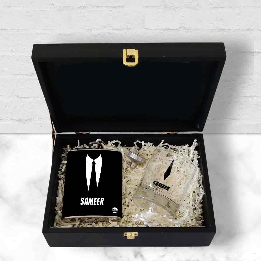 Personalized Whiskey Glass Hip Flask Gift Set Box - Suit Up - Image 2