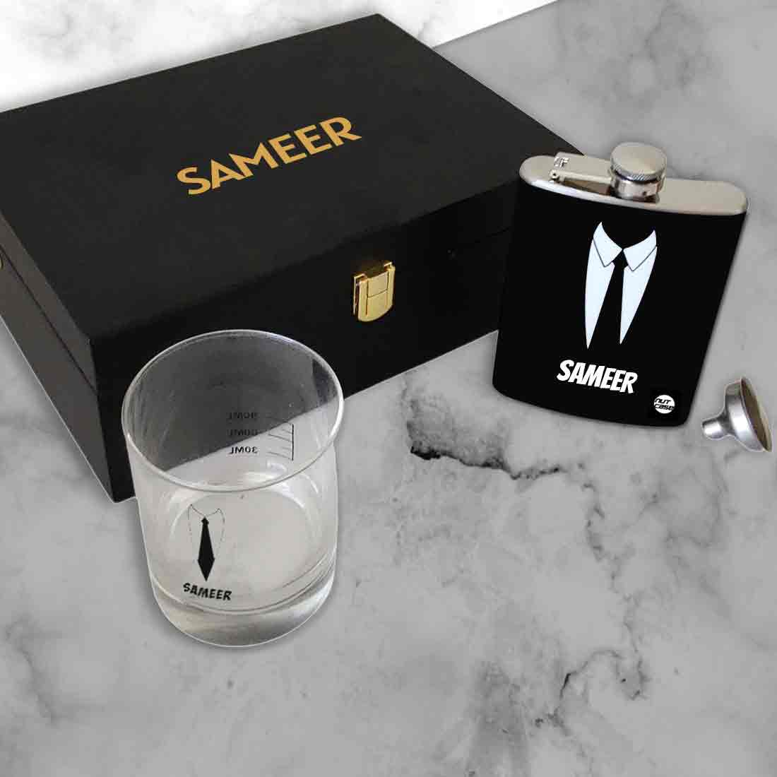 Personalized Whiskey Glass Hip Flask Gift Set Box - Suit Up - Image 5