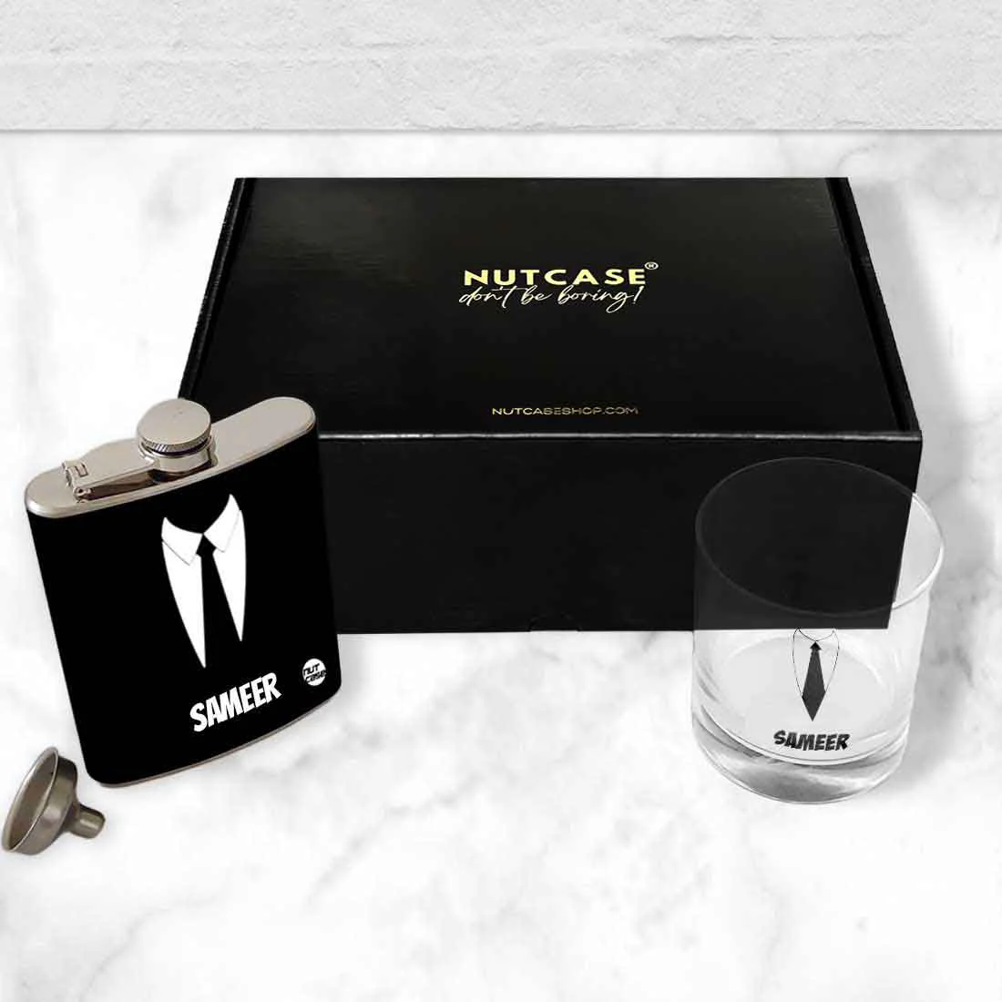 Personalized Whiskey Glass Hip Flask Gift Set Box - Suit Up - Image 6