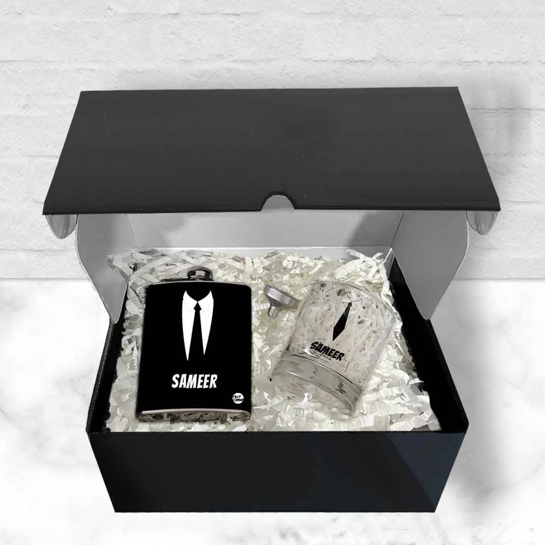 Personalized Whiskey Glass Hip Flask Gift Set Box - Suit Up - Image 7