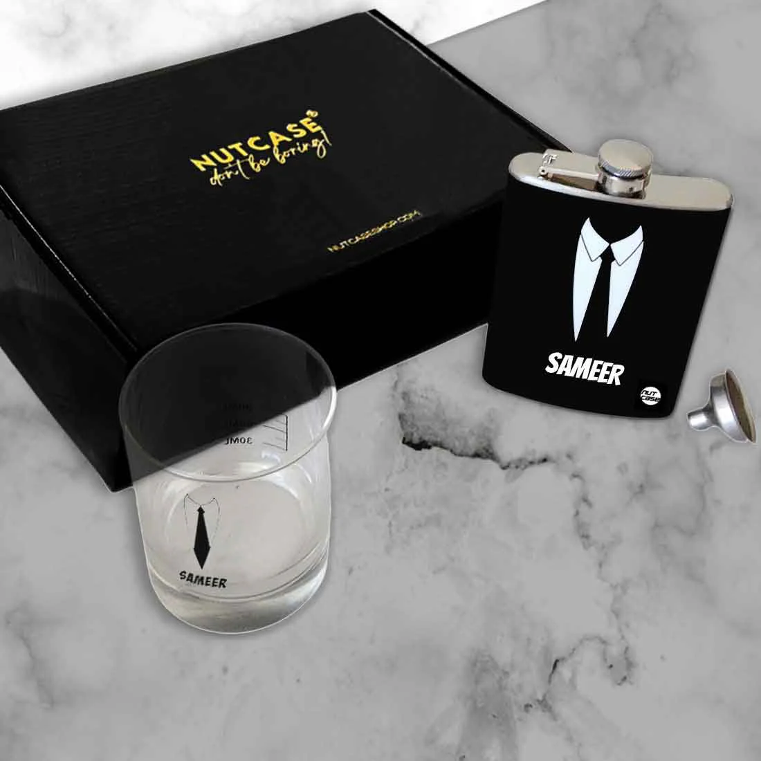 Personalized Whiskey Glass Hip Flask Gift Set Box - Suit Up - Image 8