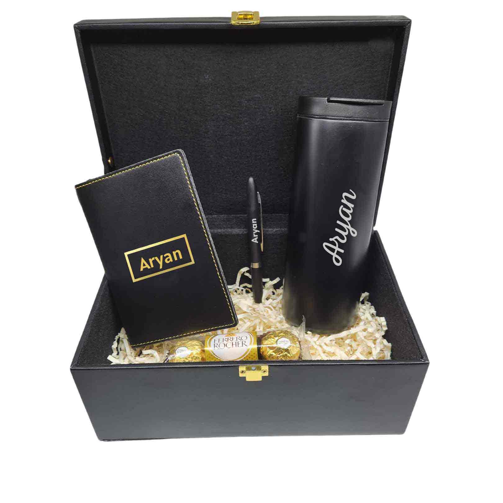 Personalized Gifts for Brother Raksha Bandhan Gift Set with Black PU Box, Custom Coffee Tumber, Personalized Pen, Passport Cover and Chocolates