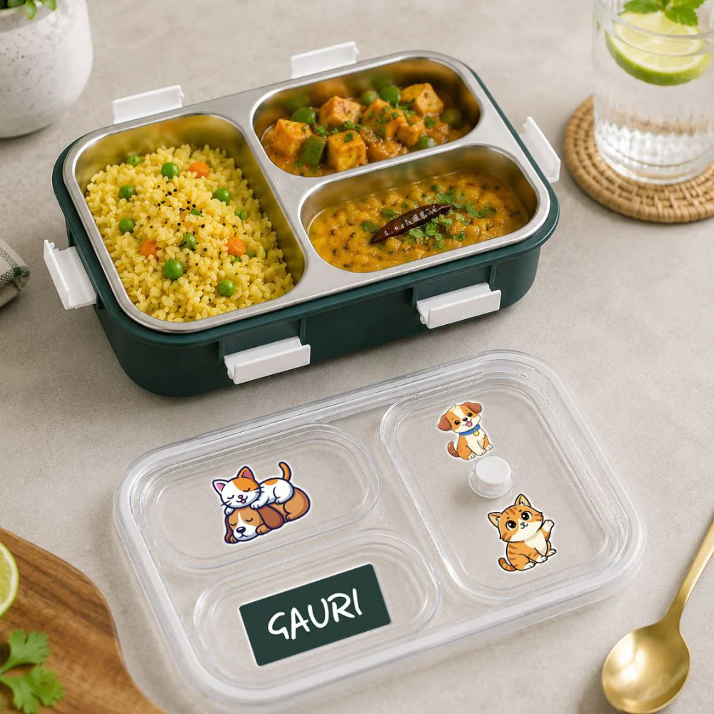 Personalized Kids Stainless Steel Lunch Box | Custom Name 3 Compartment Leakproof Tiffin Box - Cute Dog - Image 4