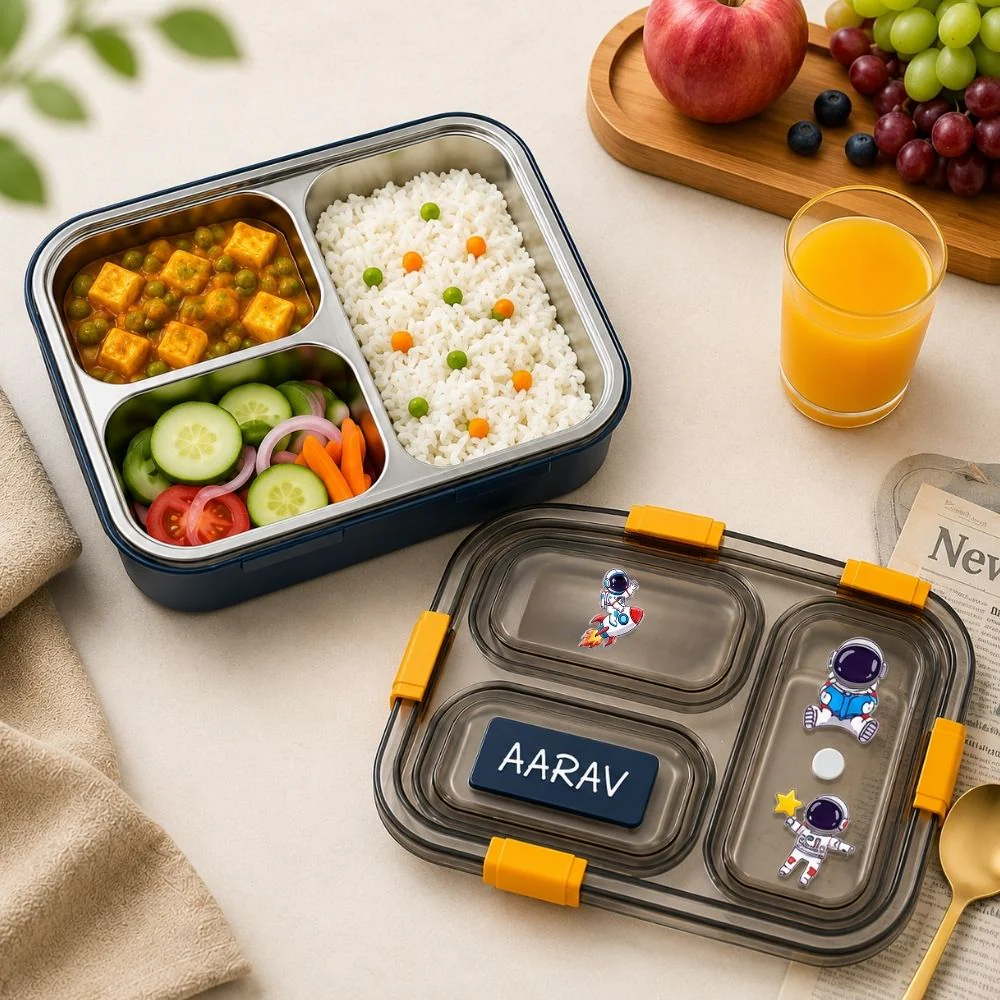 Personalized Kids Stainless Steel Lunch Box | Custom Name 3 Compartment Leakproof Tiffin Box For Boys - Space - Image 3