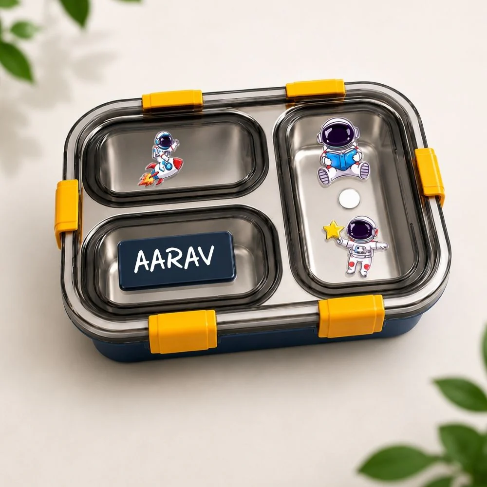 Personalized Kids Stainless Steel Lunch Box | Custom Name 3 Compartment Leakproof Tiffin Box For Boys - Space - Image 4