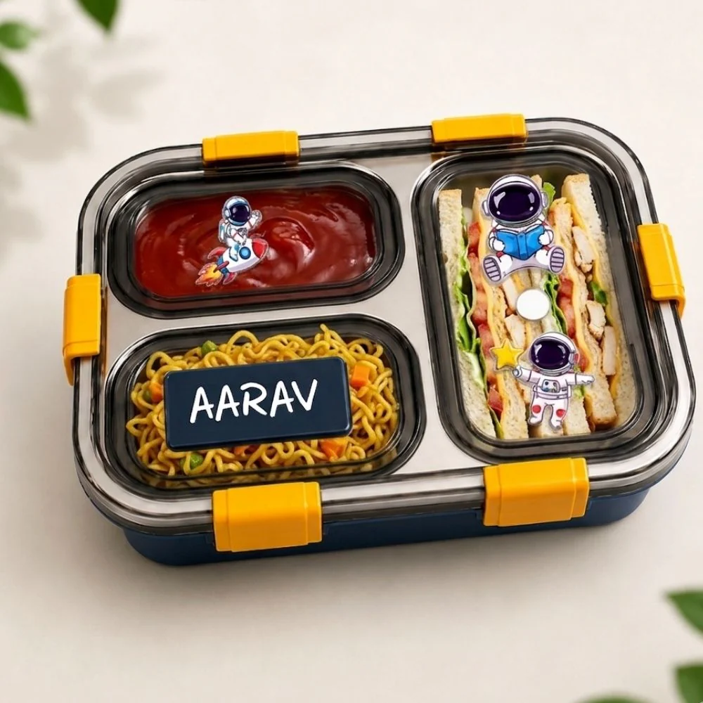 Personalized Kids Stainless Steel Lunch Box | Custom Name 3 Compartment Leakproof Tiffin Box For Boys - Space - Image 7
