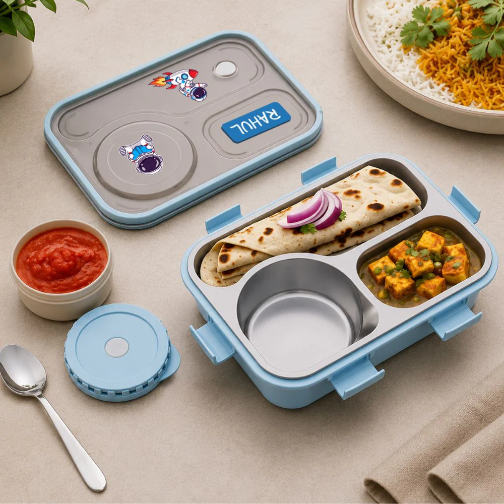 Personalized Kids Stainless Steel Lunch Box with Sealed Bowl | 3 Compartment Leakproof Tiffin Box with bowl - Image 2