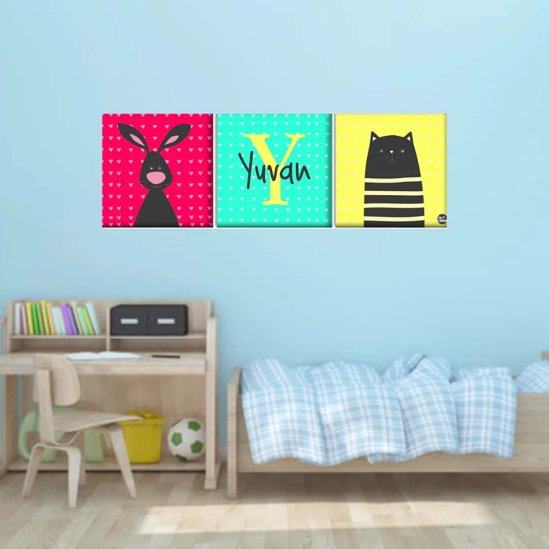 Personalized Nursery Wall Art -Cute Bunny and Cat